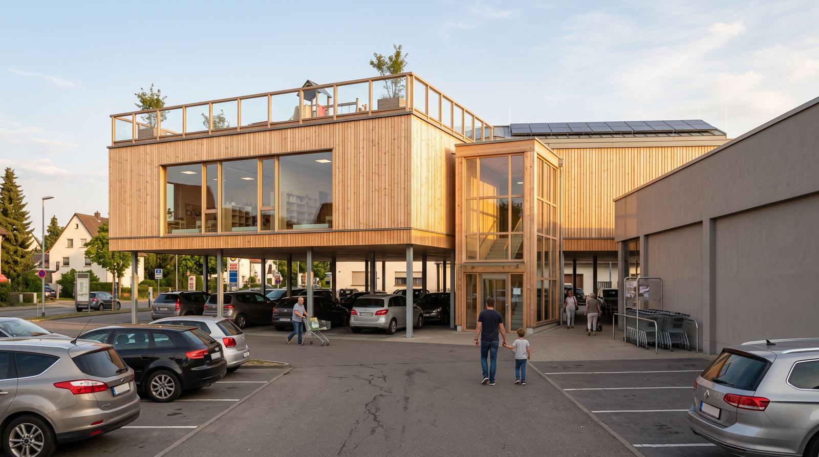 Visualisierung: Kita in Holzmodulbauweise auf Stützen über einem Supermarkt-Parkplatz, Eltern mit Kind auf dem Weg zum Zugang