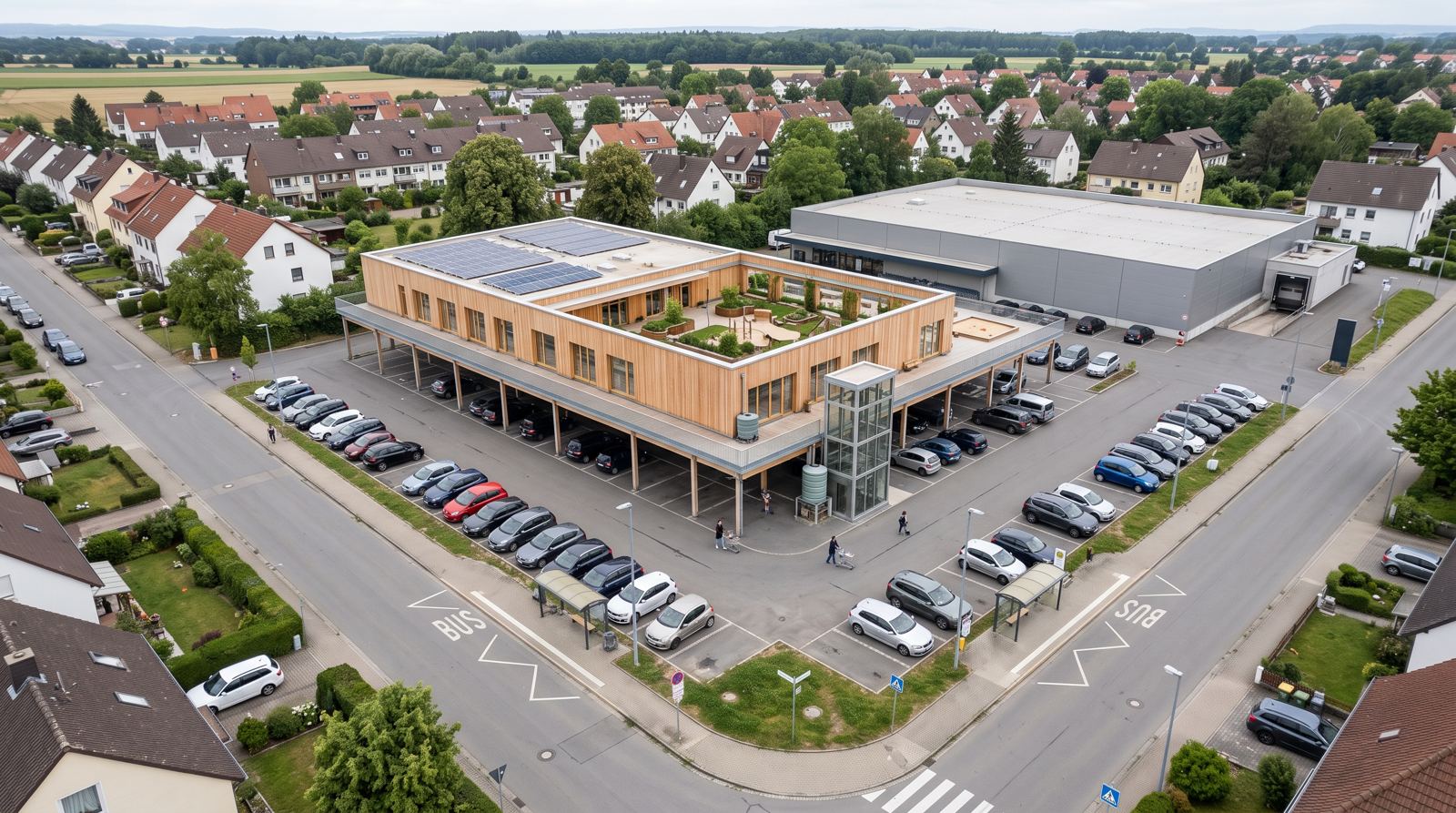 Luftbild-Visualisierung: Supermarkt mit Parkplatz, darüber die Kita mit PV-Dach und Spielfläche, umgeben von Wohnstraßen