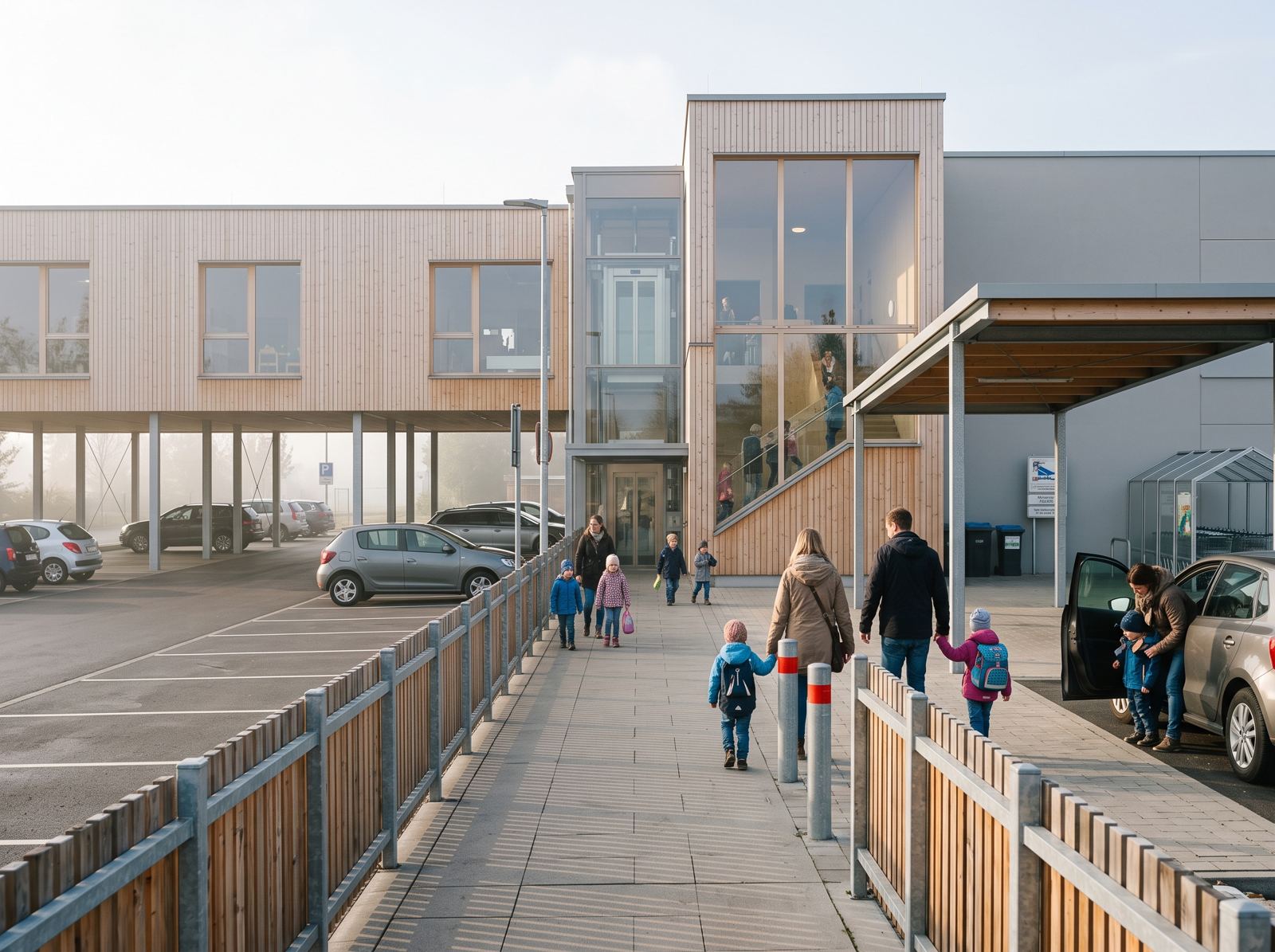 Visualisierung: Familien gehen auf einem geschützten, vom Parkverkehr getrennten Weg zum Kita-Eingang mit Treppe und Aufzug