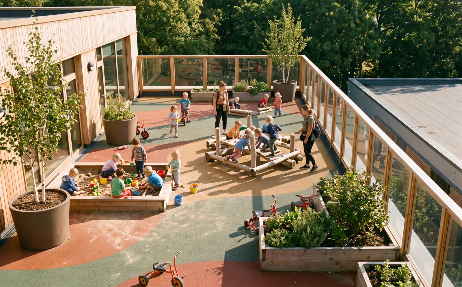 Visualisierung: Kinder spielen auf dem Spieldeck der Plattform mit Sandkasten, Hochbeeten und Sicherheitsgeländer