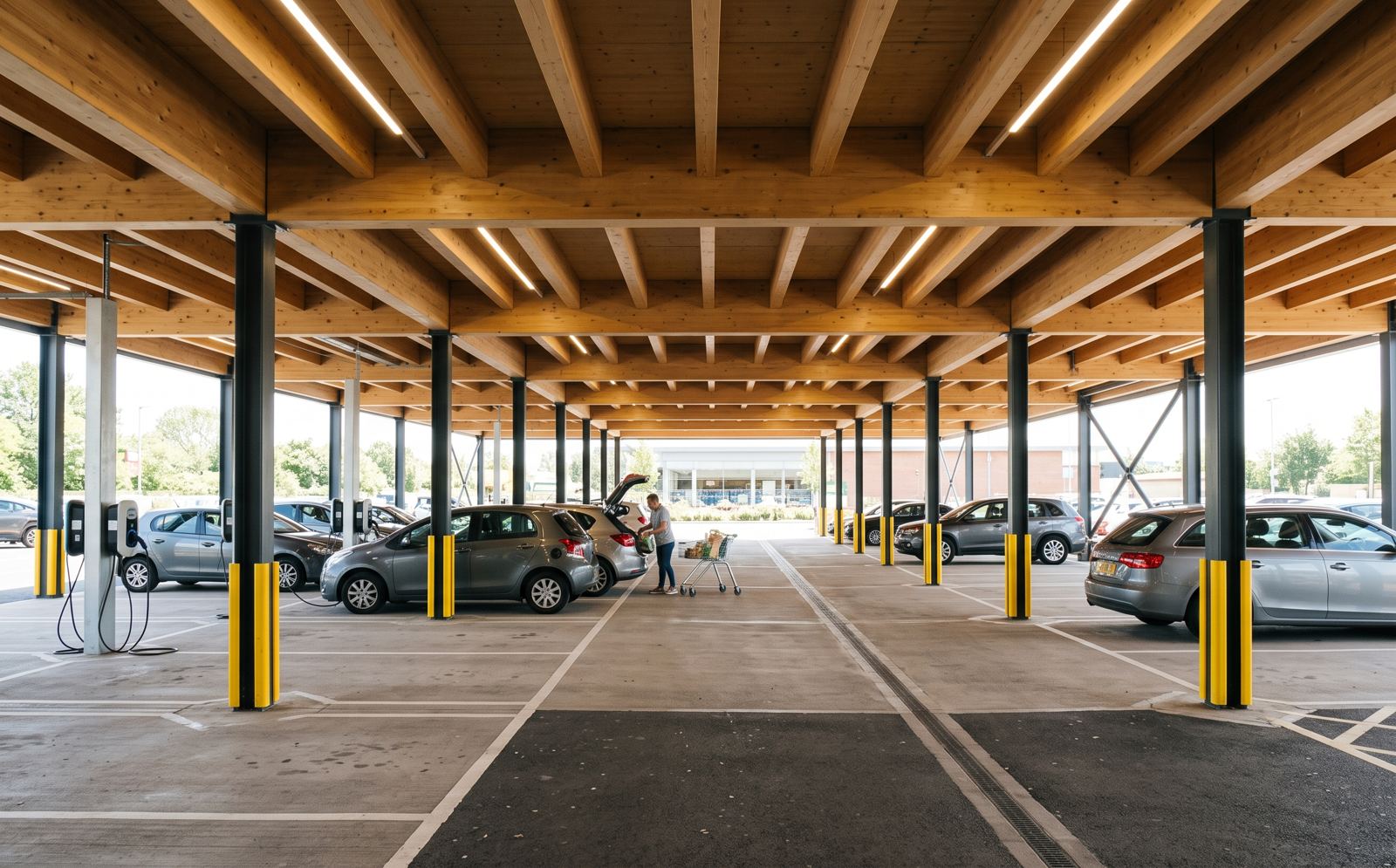 Visualisierung: überdachte Parkebene mit Holzdecke, Stützen mit Anprallschutz und Ladesäulen