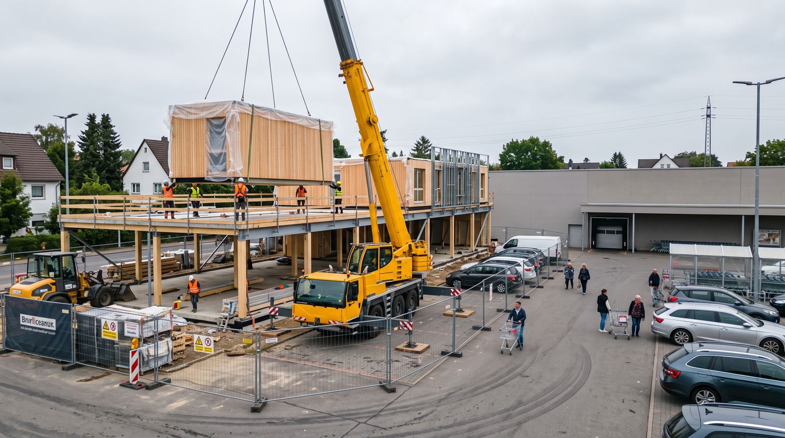 Visualisierung: Kran setzt ein vorgefertigtes Holzmodul auf die Plattform, der Parkplatz ist teilweise weiter in Betrieb