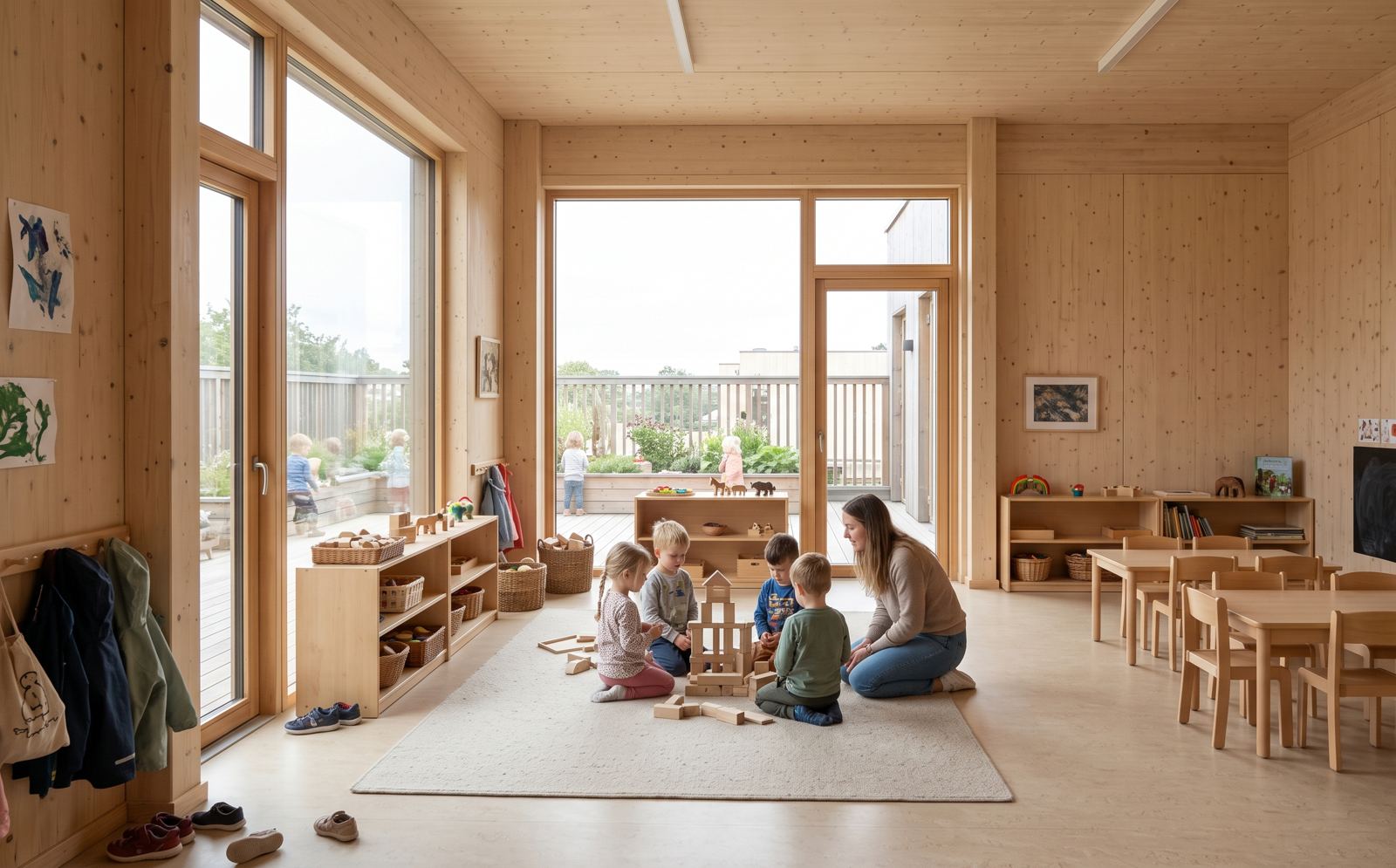 Visualisierung: heller Gruppenraum in Holzbauweise, Kinder bauen mit einer Erzieherin auf dem Boden